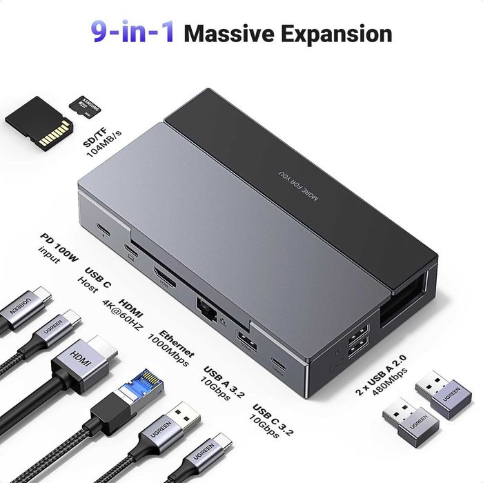 Докинг станция Ugreen 9-в-1 USB-C Docking Station за Steam Deck / ROG Ally / Лаптоп