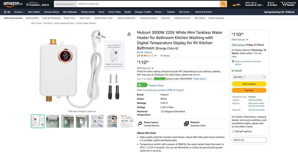 Instant incalzire apa 3500W, Class A, Display LCD, REDUS de la 550RON