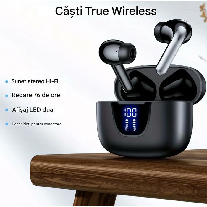 Casti Wireless TWS CerCip S42 cu izolare a zgomotului ENC+ANC, Autonomie 40 ore, Control prin Touch, Universale, Culoare Alb