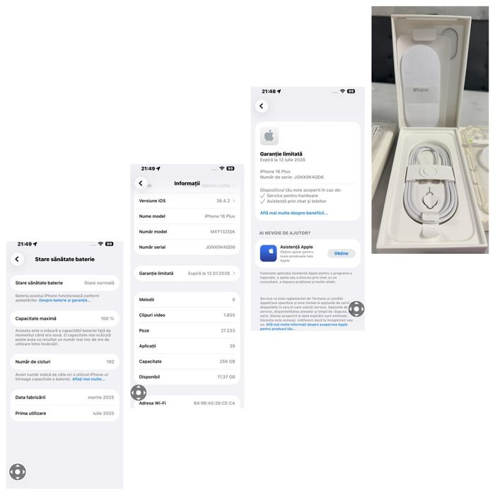 Vând iPhone 16 PLUS 256 GB Roz (Pink) garantie activa, 100% baterie si ExtraFull accesorii