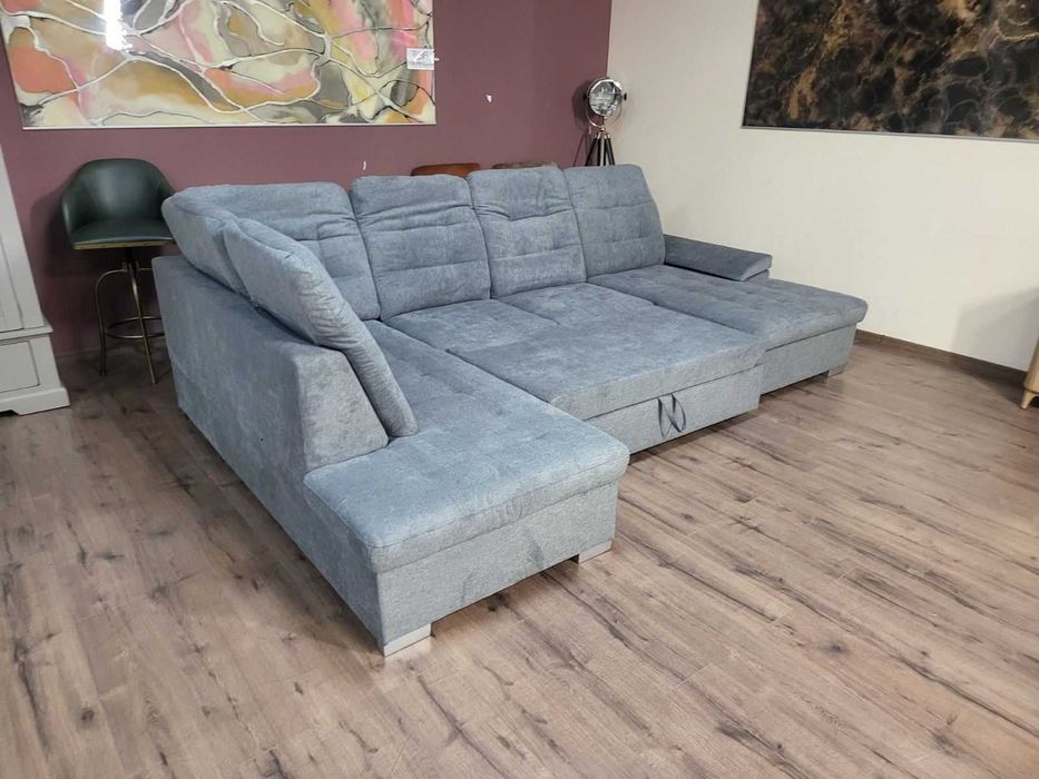 Светло сив П - образен ъглов диван Nixon с функция сън