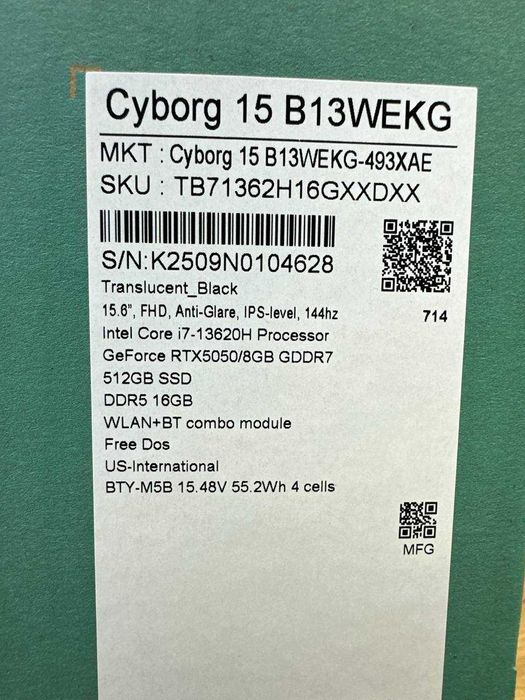 MSI CYBORB 15F/i7-13620H/16GB/SSD 512GB/15.6”FHD IPS 144Hz/8GB RTX5050