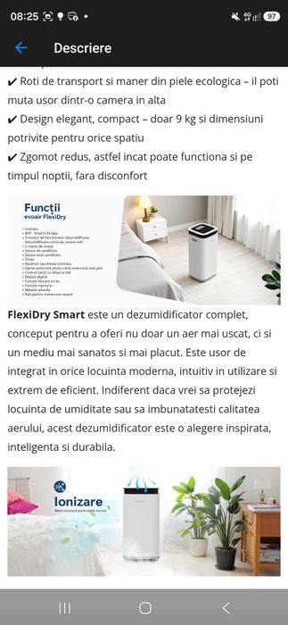 Dezumidificator Evoair FlexiDry Smart, ionizare, WiFi, ca NOU-garanție