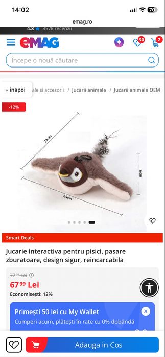 Jucarie interactiva reincarbabila pentru pisici, pasare zburatoare, design sigur