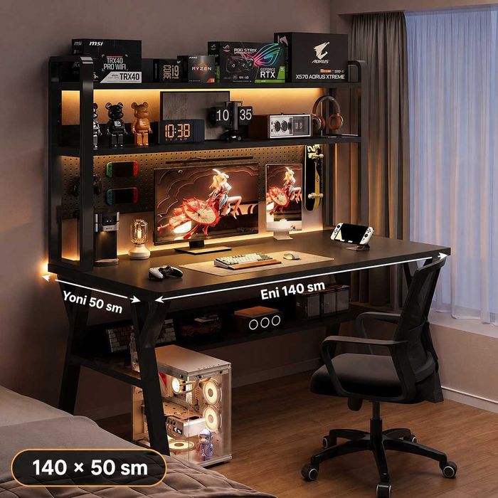 Gaming stol LED polkali kompyuter uchun 100/120/140x50 sm qora versiya