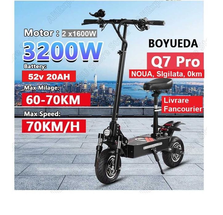 Noua, 0 Km ‼️BOYUEDA Q7 Pro 3200W, 2 x 1600W Dual Motor, Baterie 52V 20AH, Frane Hidraulice