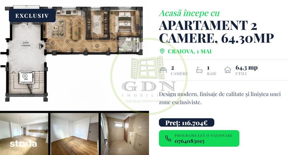 Apartament 2 camere, open space , 64.30mp, cartier 1 Mai