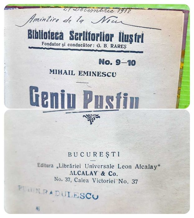 G41-I- Editie veche-GENIU PUSTIU-MIHAI EMINESCU anii 1900 ca noua. Biblioteca Scriitorilor Ilustrii. Fondator si Conducator G.B. RARES.