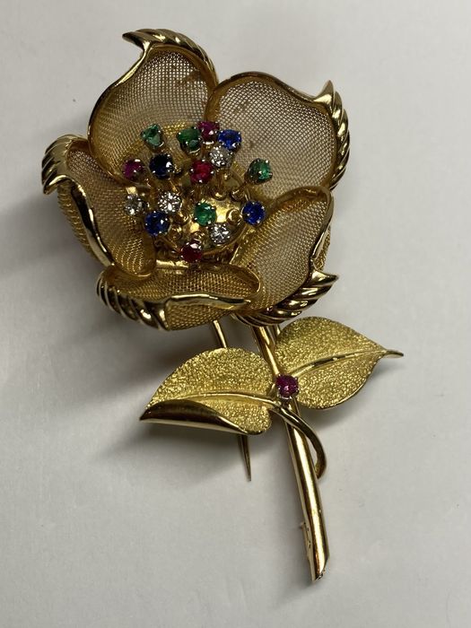 Brosa aur 18kt.diamante rubine smaralde safire