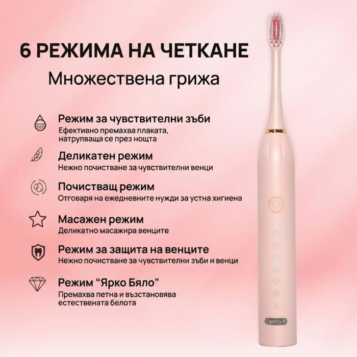 Ултразвукова електрическа четка за зъби X3, 6 режима на почистване, Smart Таймер, IPX7 + 4 накрайника, Розова