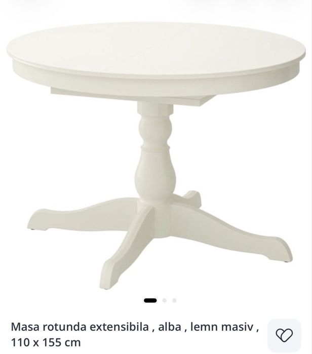 Masa rotunda extensibila , alba , lemn masiv , 110 x 155 cm