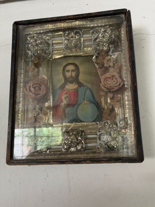Icoană veche cu Iisus Hristos, ramă originală din lemn – 40 × 50 cm