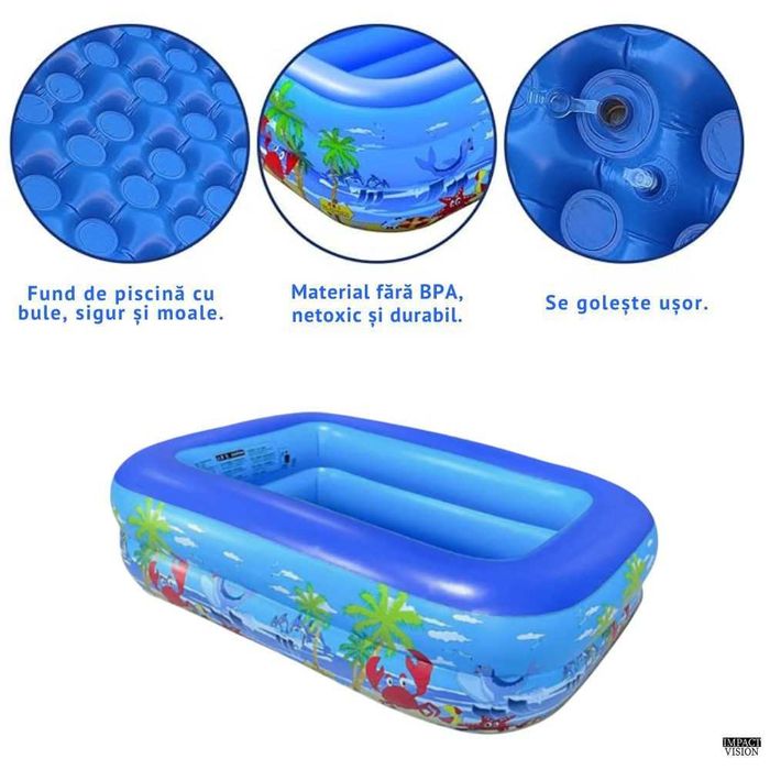 Piscina Gonflabila pentru copii, Multicolora, Dreptunghiulara, Baza moale si doua inele gonflabile, Dimensiuni 115 x 82 x 33 cm, Vinil rezistent