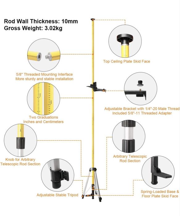 Телескопичен статив 370см Huepar LP36 за лазерен нивелир