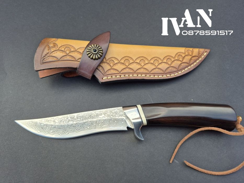 Японски ловен нож-дамаска стомана-VG10-кожена кания
