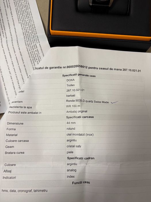 DOXA ceas elvetian, Nou cu acte si garantie 2 ani