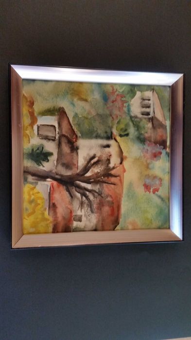Пейзаж с къщи. Рисуван е на ръка. В прекрасна рамка.