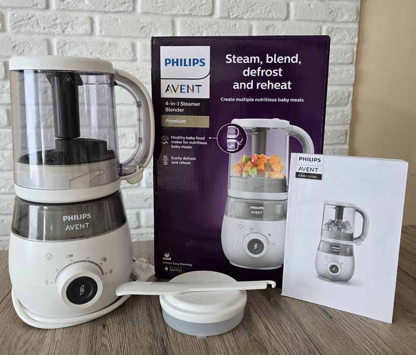 Уред за готвене на пара и блендер 4в1 Philips Avent SCF883/01, контейнер за съхранение 120 мл, връзка с приложения, шпатула
