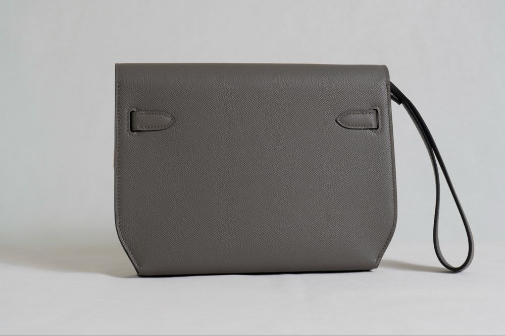Hermès Kelly Dépêches 25 Epsom Etain, нова, пълен комплект