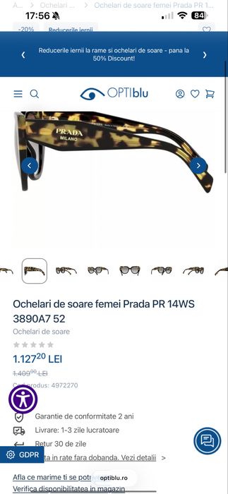 Ochelari de soare femei originali Prada PR 14WS 3890A7 52 - 20 140