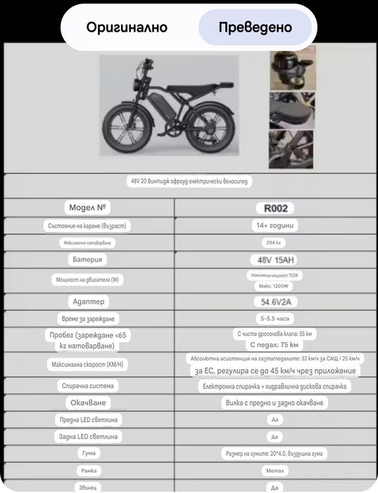 Продавам Електрически велосипед модел-2026 EU Stock R002 Plus c 20 инча ,Мощност-1500 W., литиева батерия 15A, V8 H9 Fatbike,Цена -750 Евро.