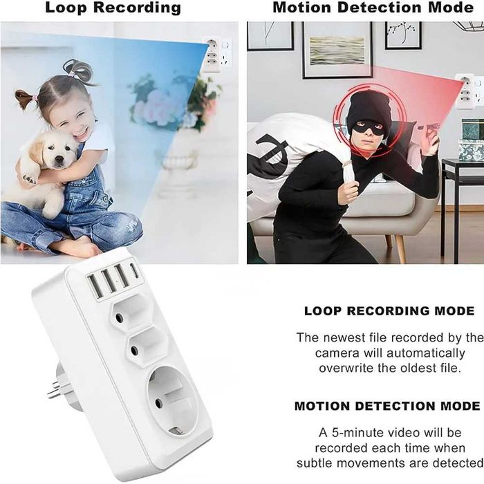 Скрита камера Wifi контакт разклонител с USB и Type C, видеонаблюдение