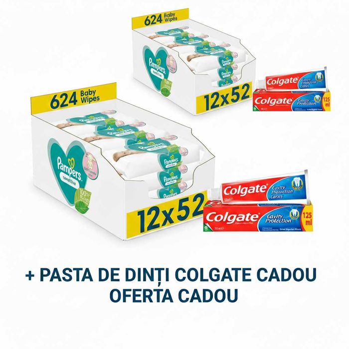 Servetele umede Pampers Sensitive, 12 pachete x 52= 624 buc + CADOU