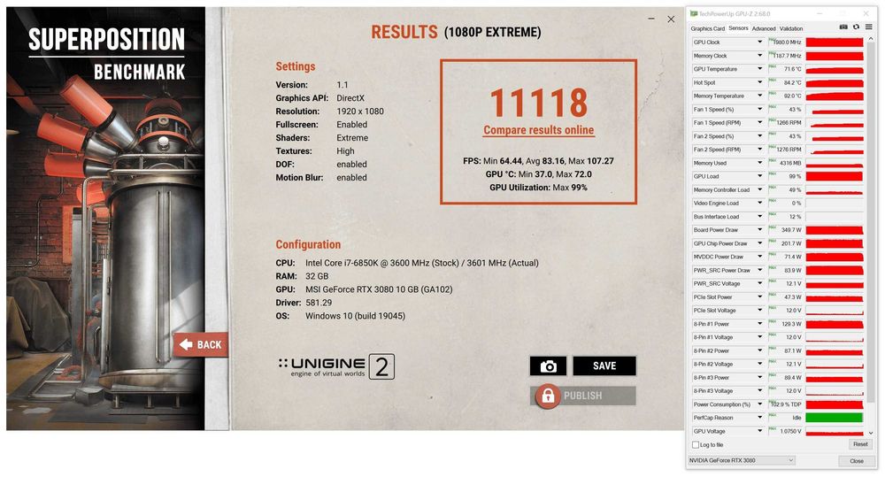 ТОП състояние Видео карта GPU MSI RTX 3080 GAMING X TRIO 10G GDDR6X