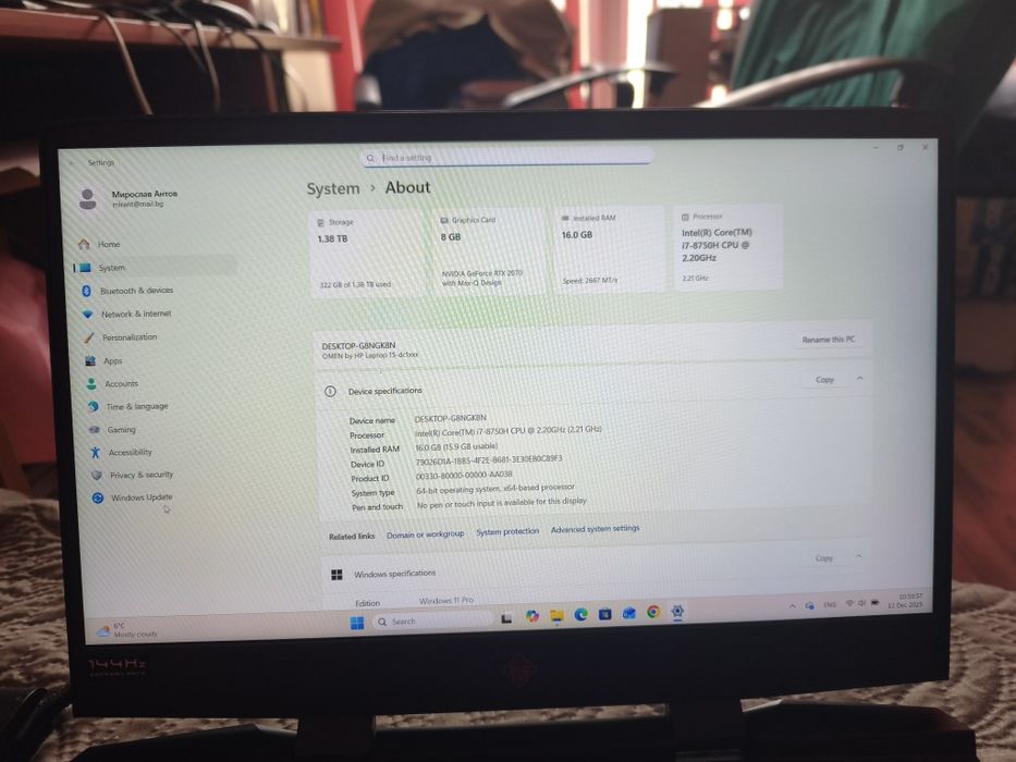 HP OMEN 15" ОТЛИЧЕН 144HZ/I7 8750/RTX 2070 max q 8 gb/512 ssd/1TB HHD