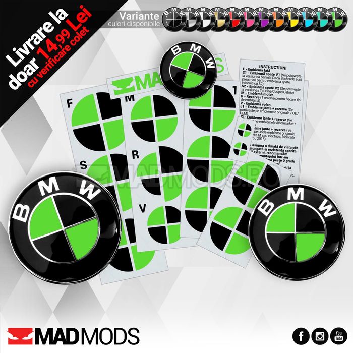 Set Stickere Embleme Negru cu Verde BMW Seria 1 2 3 4 5 6 7 8 X i M