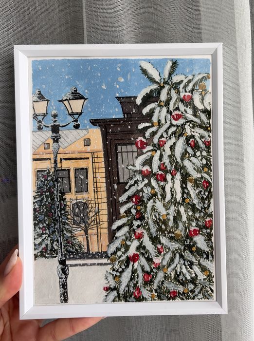 “Sub luminile iernii” tablou in gouache 15x20