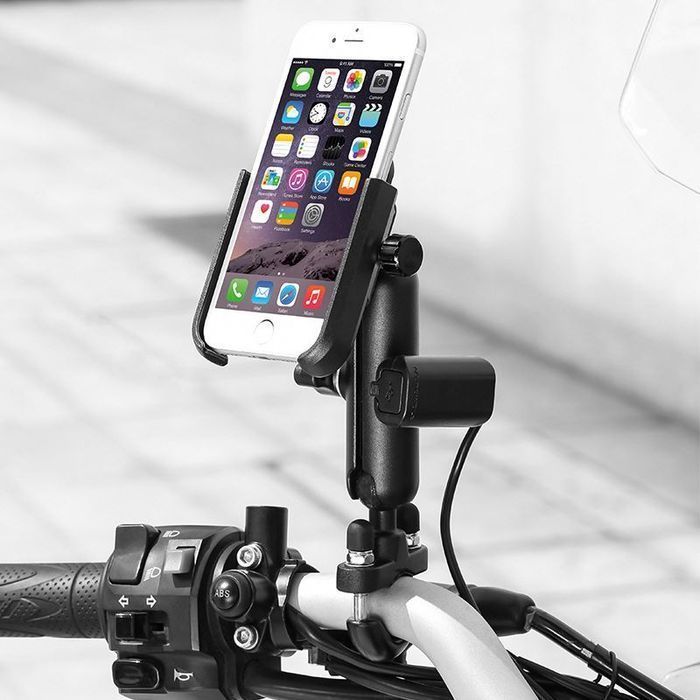 Suport Telefon Motocicletă cu Încărcare USB, Rotire 360°, Aluminiu, Prindere Ghidon