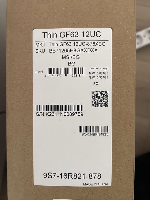 Лаптоп UPGRADED MSI Thin GF63 12UC