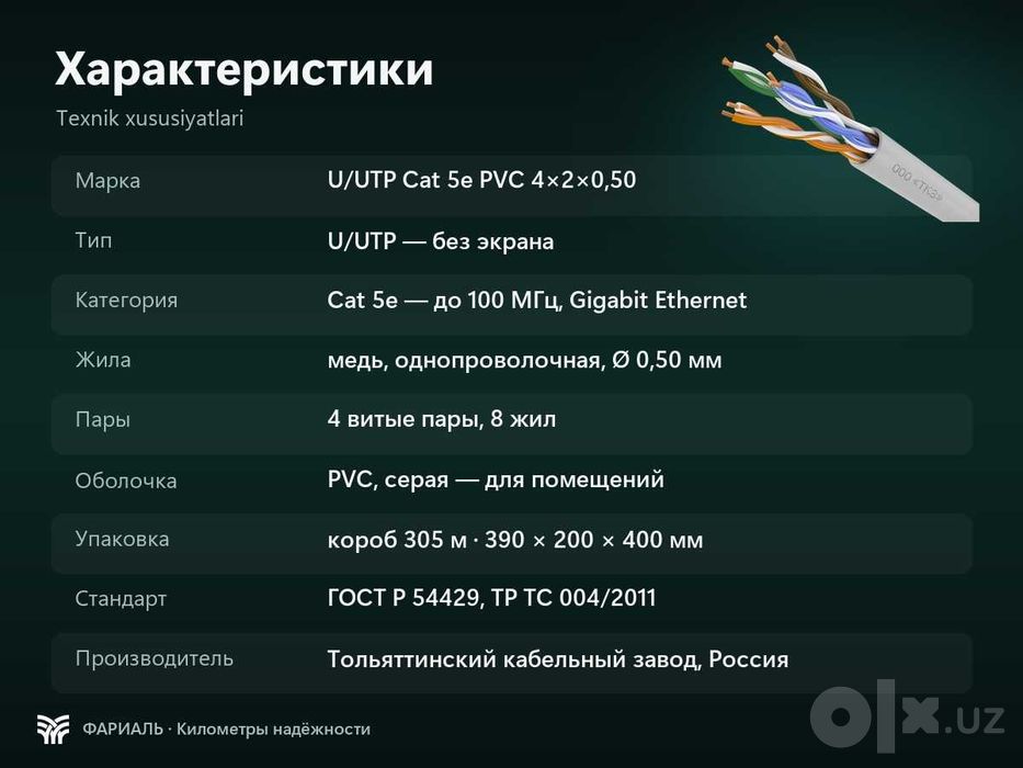 LAN-кабель U/UTP Cat 5e PVC 4x2x0,50, медь, 305 м, ФАРИАЛЬ