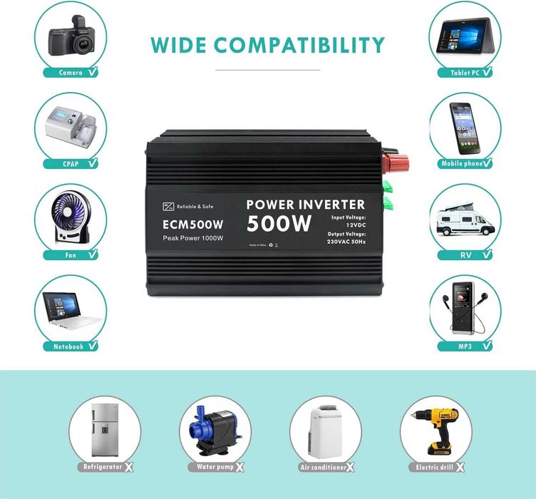 ECM 500 W модифициран синусоидален захр. инвертор DC 12 V към AC 230 V