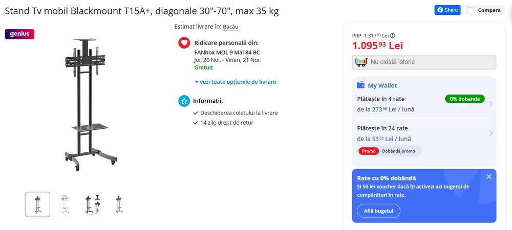 Stand TV mobil Blackmount T15A+, diagonale 30"-70", max 35 kg