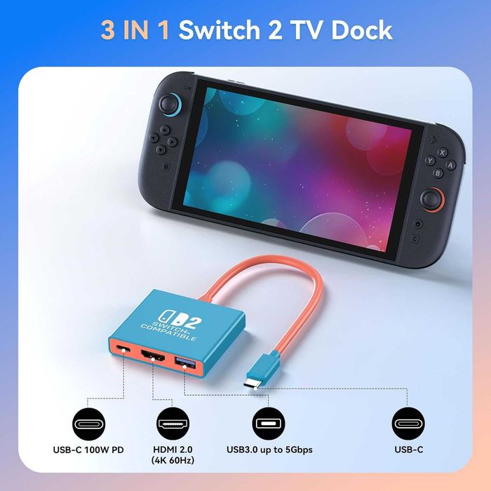 Докинг станция Auarte Switch 2 за Nintendo Switch 2 (2025) или 1/OLED/Steam Deck, преносим докинг