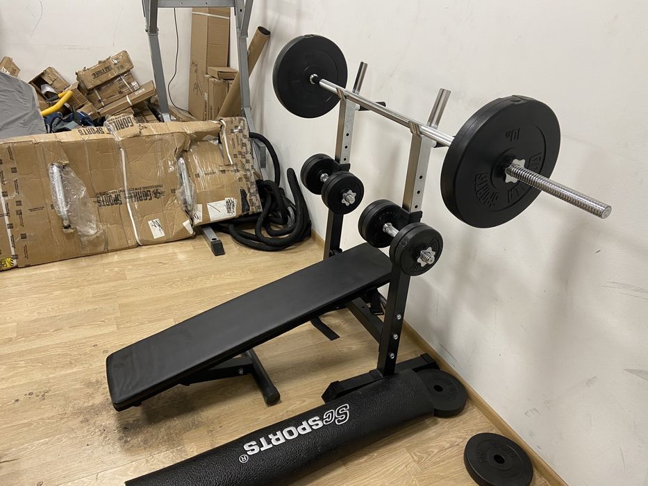 Set sala Banca piept+haltera gantere cu bari otel crom si piulite, noi