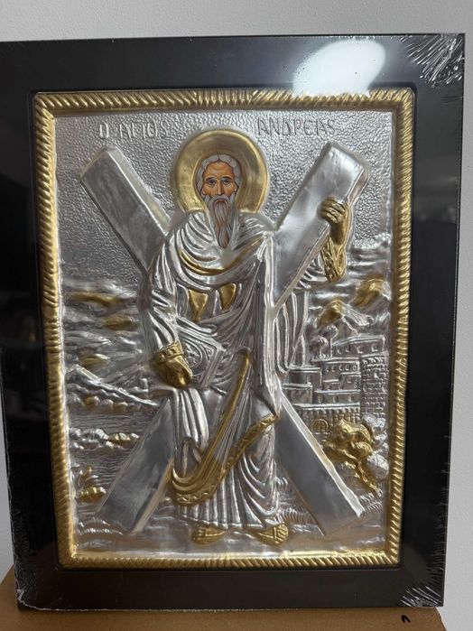 icoana veche sfantul andrei  dim 20x24 cm icona veche argintata