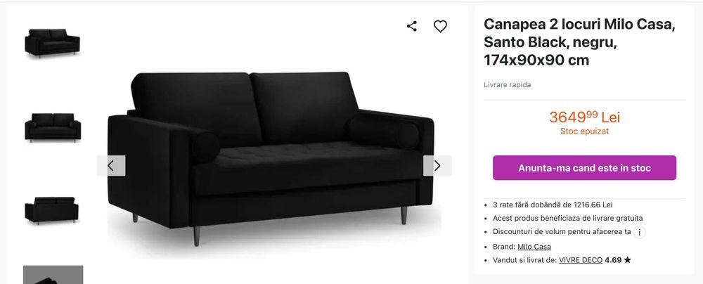 Canapea 2 locuri Milo Casa, Santo Black, negru, 174x90x90 cm