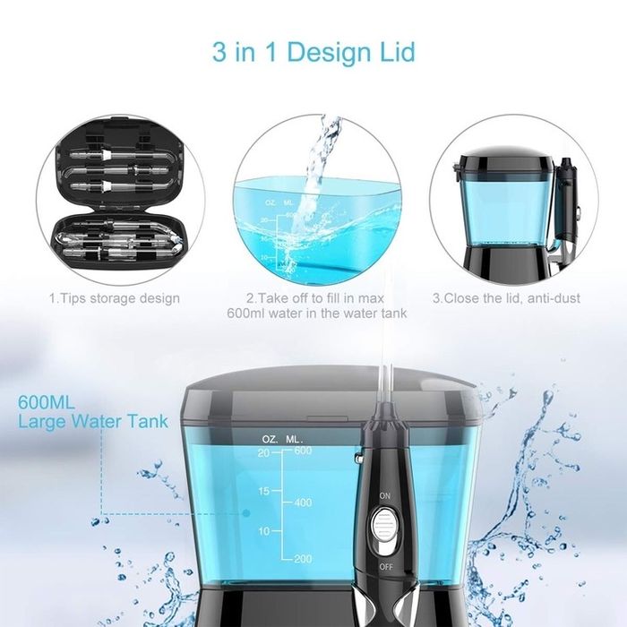 Зъбен душ TUREWELL #8231241 20-36, 600 мл, 10 регулируеми налягане, 8 накрайника