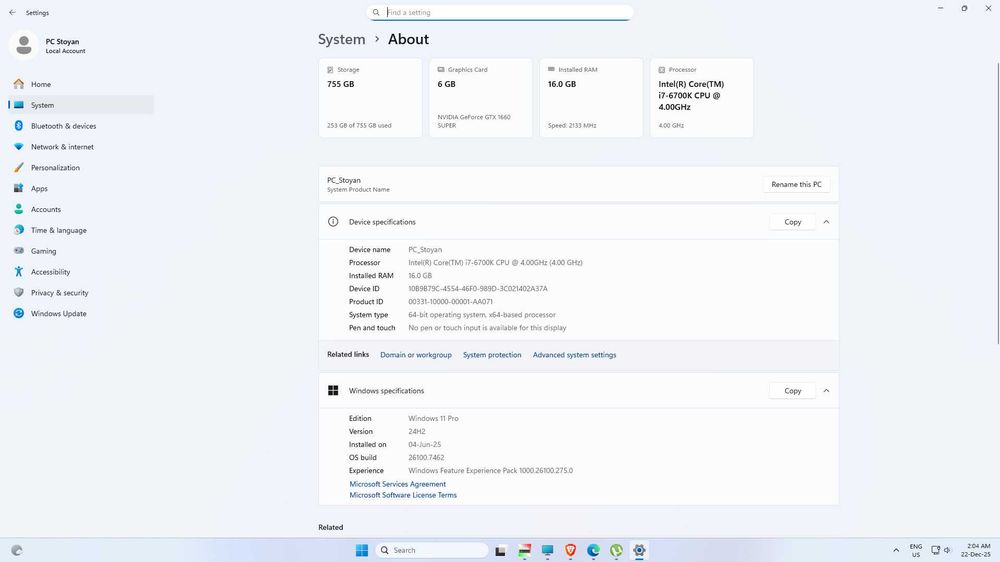 Intel i7 6700k + GTX 1660