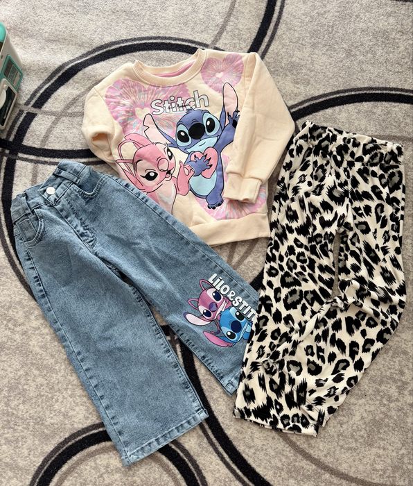 Сет на Stitch от дънки и подплатена блузка  + меко велурени панталонче