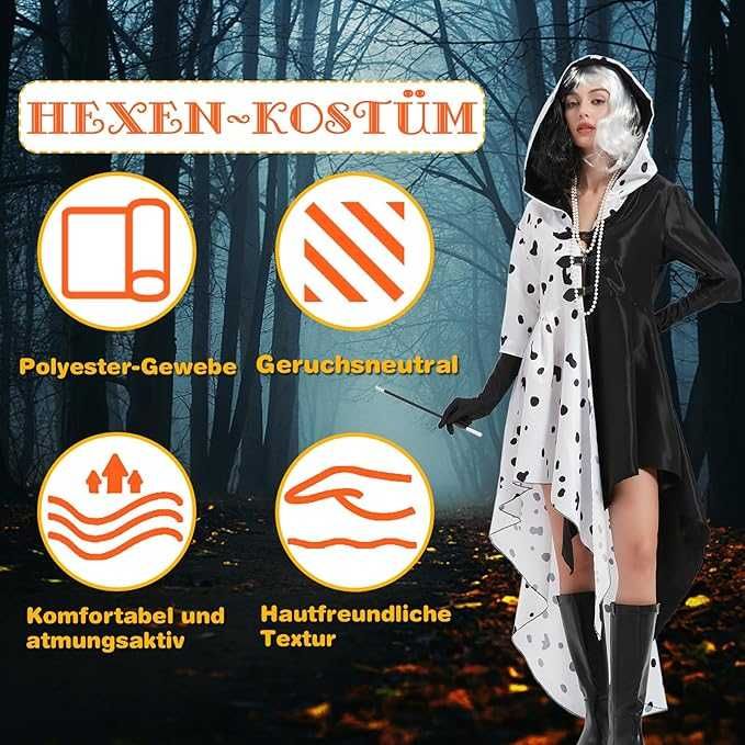 Дамски костюм на Круела Девил,  с рокля, перука, мрежа за коса