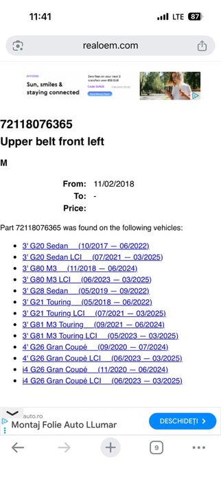 Centura fata Bmw seria 3 4 G20 G26 M sport stanga dreapta