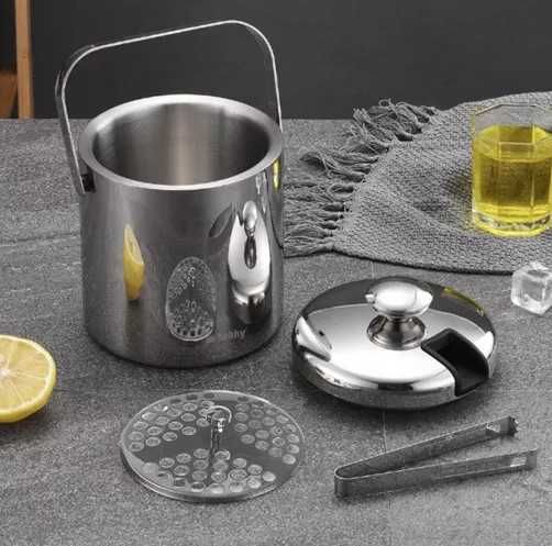 Двустенна термо ледарка за лед с капак, двойни стени, шипка и лъжица