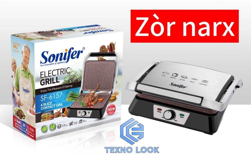elektr gril Sonifer SF-6157 — (2 × 4 sendvich), 2000 Vt. Dastavka bor!