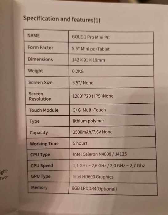 Mini PC Tableta 5,5" J4125 ram 8gb EMMC 128gb Touchscreen 2500 mAh NOU Sigilat