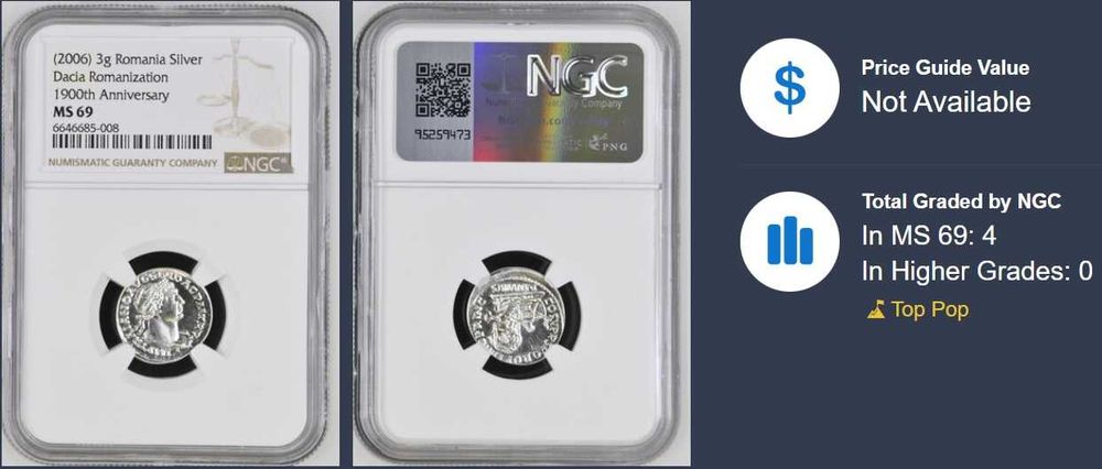 Denar imparatul Traian, replica BNR 2006 gradata NGC MS 69