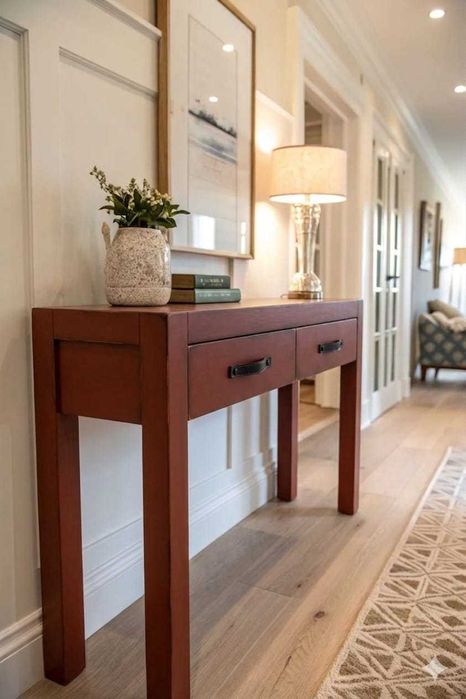 Consolă lemn  masiv burgundy unicat, patinată, mânere piele, sertare